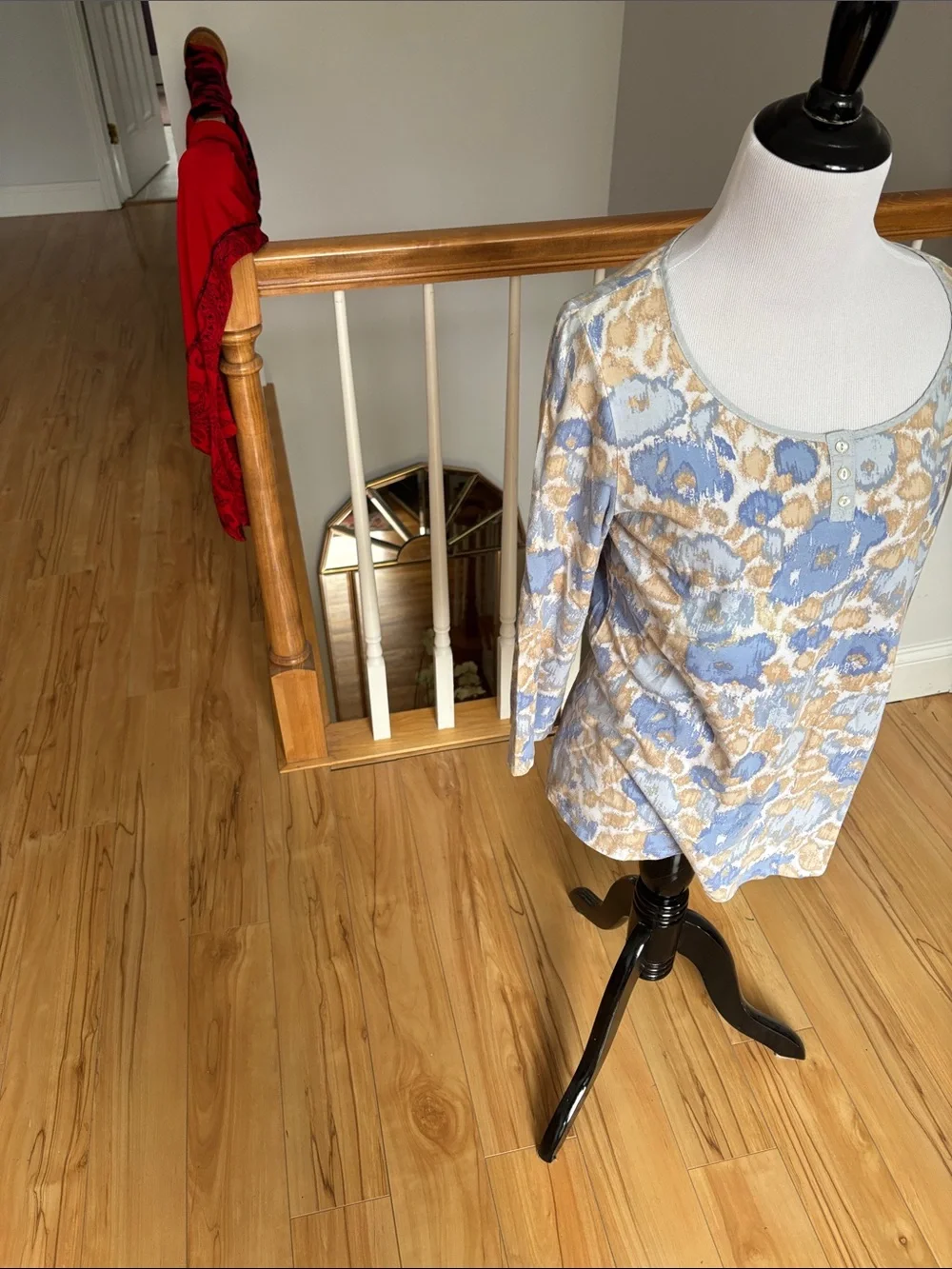 J. Jill Scoop Neck Floral Long Sleeve Top in Light Blue and Cream - Picture 2 of 6